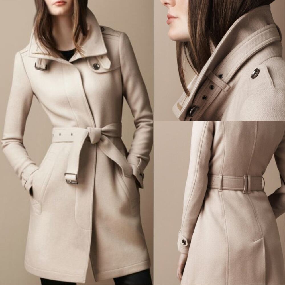 Burberry‎ Trench Coat Stone Cashmere Wool Rushworth Belted Pea Coat UK 4 US 2